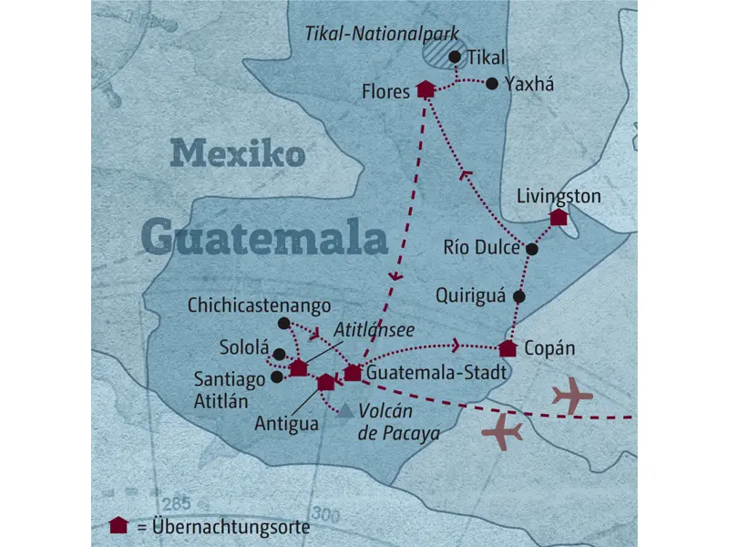 Ihre individuelle Rundreise durch Guatemala führt Sie von Antigua zum Atitlánsee und dann weiter über Copán und Livingston bis zum Tikal-Nationalpark.