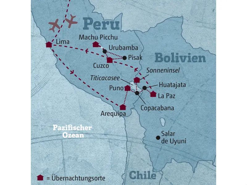 Ihre individuelle Rundreise beginnt in Peru und führt Sie von Lima nach Arequipa, weiter nach Bolivien nach La Paz und zum Titicacasee und schließlich wieder zurück nach Peru nach Cuzco und Machu Picchu.