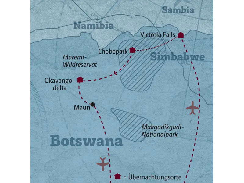 Ihre inviduelle Rundreise durch Botswana beginnt bei den Viktoriafällen und führt Sie anschließend in den Chobepark und ins Okavangodelta.