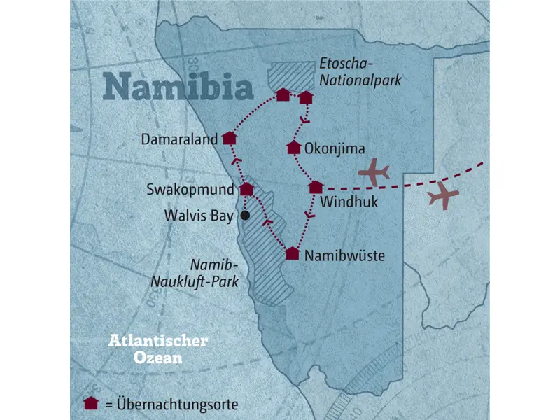 Ihre individuelle Rundreise durch Namibia führt Sie von Windhuk in die Namibwüste und weiter über Swakopmund und Damaraland zum Etoscha-Nationalpark.