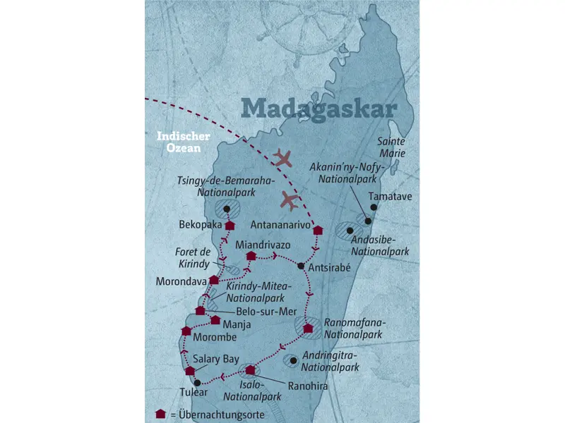 Entdecken Sie Madagaskar auf dieser individuellen Rundreise. Unser Routenvorschlag führt Sie von der Küste ins Landesinnere, in Bergnebelwälder, an Traumstrände und zur Allee der Baobabs.
