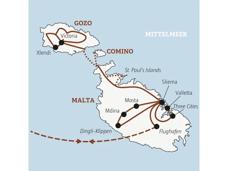 Auf deiner Rundreise mit YOUNG LINE erkundest du erst von Victoria aus Gozo und Comino und anschließend von Sliema aus Malta.