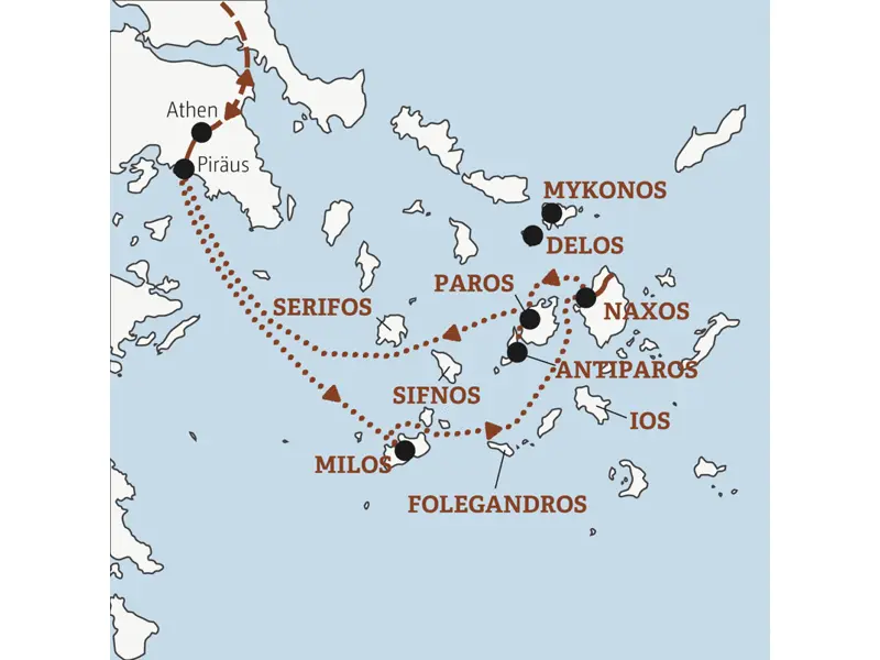 Reiseverlaufskarte der Reise YOUNG LINE Griechenland - My Big Fat Greek Island Hopping mit den Inseln Milos, Naxos und Paros.