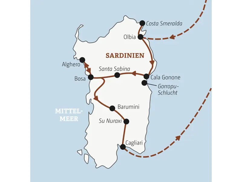 Die Rundreise mit YOUNG LINE durch Sardinien führt dich von Olbia über Cala Gonone und Alghero bis nach Cagliari.