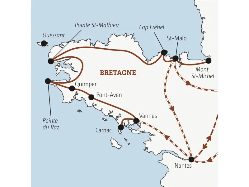 Die Rundreise mit YOUNG LINE durch die Bretagne führt von Nantes über Vannes, Cap Coz und Pointe St-Mathieu nach St-Malo -  Abstecher zum Mont-St-Michel inklusive.