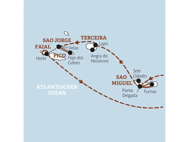 Die Rundreise mit YOUNG LINE auf die Azoren führt dich von Sao Miguel nach Terceira, Sao Jorge, Faial und auf Wunsch Pico.