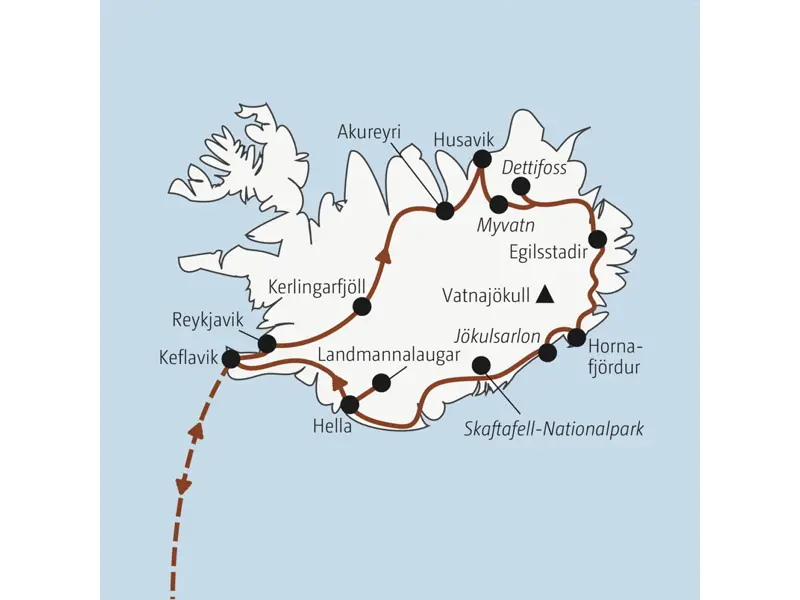 Die Rundreise mit YOUNG LINE über Island führt dich von Reykjavik nach Akureyri, Myvatn, Eglisstadir, in den Skaftafell-Nationalpark, nach Hella und Keflavik.
