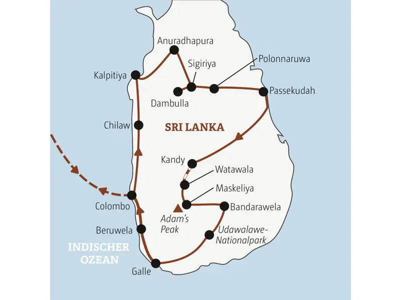 Die Rundreise mit YOUNG LINE durch Sri Lanka führt dich von Colombo nach Anuradhapura, Passekudah, Kandy, den Udawalawe-Nationalpark bis Galle.