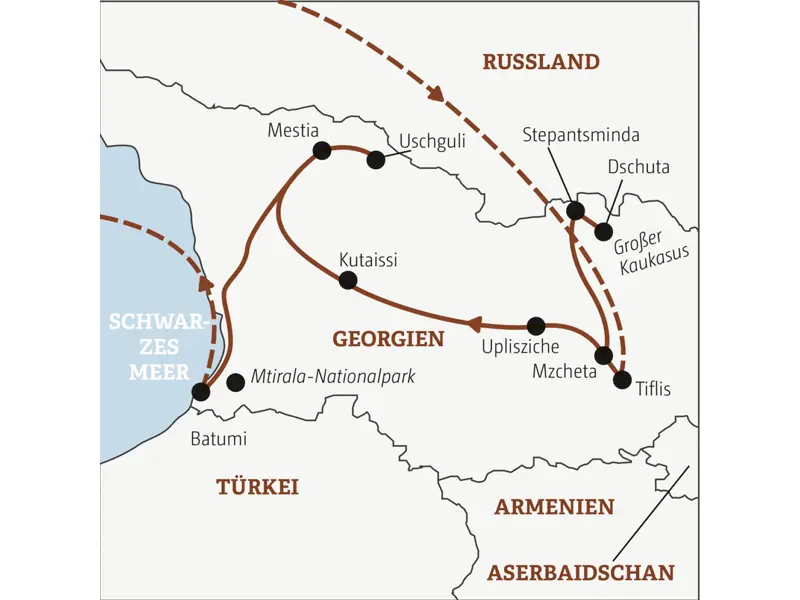 Diese Rundreise mit YOUNG LINE durch Georgien führt dich von Tiflis in den Großen Kaukasus und weiter über Uplisziche, Kutaissi und Uschguli nach Batumi.
