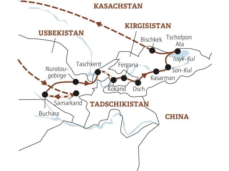 Deine Rundreise mit YOUNG LINE durch Usbekistan und Kirgisistan führt dich von Samarkand  über Buchara, Taschkent und das Ferganatal zu den Seen Son-Kul und Issyk-Kul und nach Bischkek.