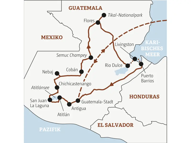 Die Rundreise mit YOUNG LINE durch Guatemala führt dich von Guatemala-Stadt zum Atitlansee, nach Coban, Flores, zum Tikal-Nationalpark, nach Livingstone und Puerto Barriosi