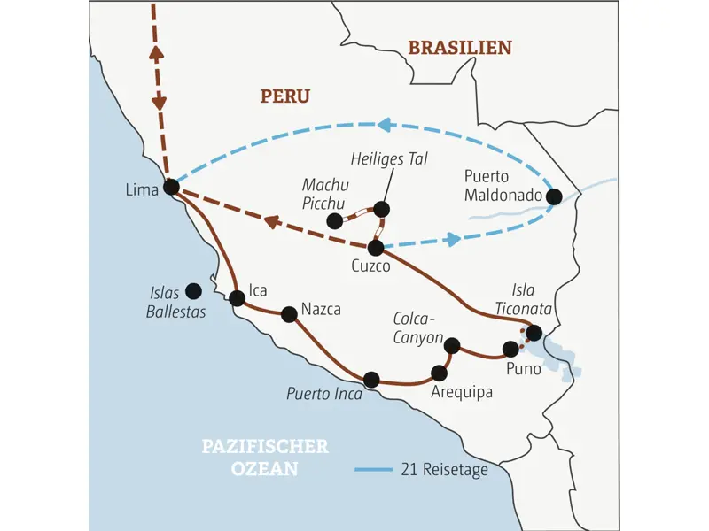 Die Rundreise mit YOUNG LINE durch Peru führt dich von Lima nach Ica, Arequipa, Puno am Tiitcacasee, Cuzco, Machu PIcchu und auf Wunsch in den Amazonas.