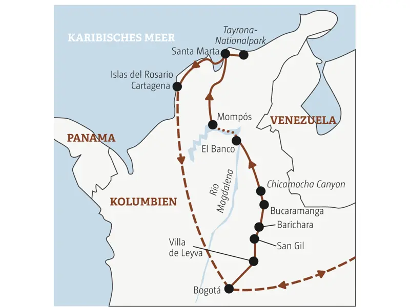 Die Rundreise mit YOUNG LINE durch Kolumbien führt dich von Bogota nach Bucaramanga bis Santa Marta und Cartagena.