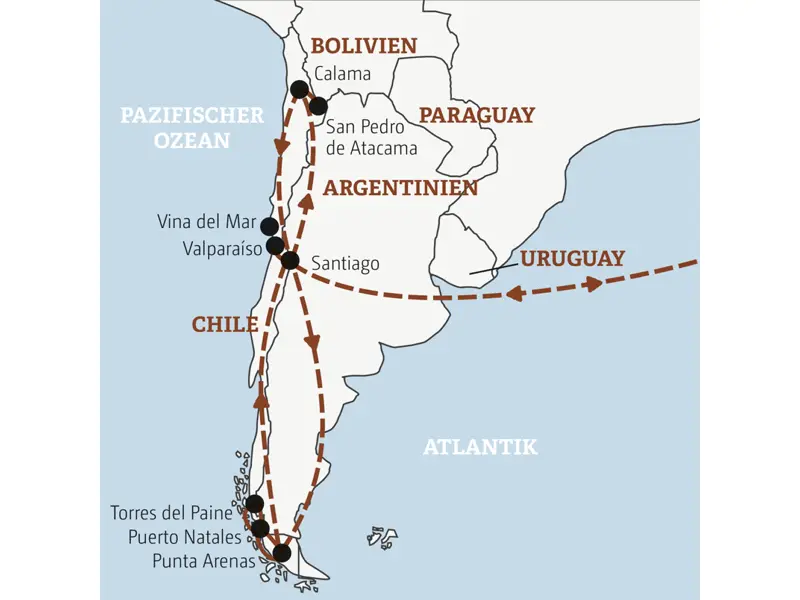 Die Rundreise mit YOUNG LINE durch Chile führt dich von Santiago nach San Pedro de Atacama, Puerto Arenas, Puerto Natales und Valparaiso.
