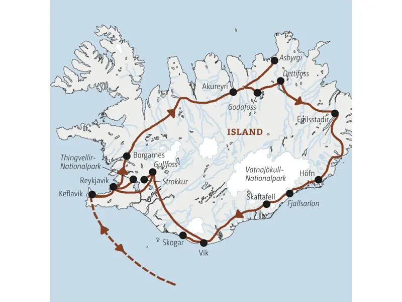 Reisekarte zur Marco Polo Reise nach Island - aktiv entdecken, mit einigen Wanderungen