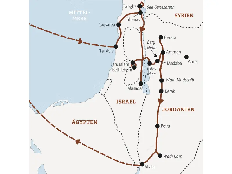 Stationen der Reisekarte der Marco-Polo-Reise Israel - Jordanien 3642 sind unter anderem Tel Aviv, Tiberias, Madaba, Amman, Petra und Akaba