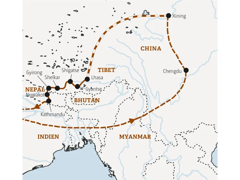 Diese Entdeckerreise führt Sie von China mit der Tibetbahn auf das Dach der Welt und weiter nach Nepal.