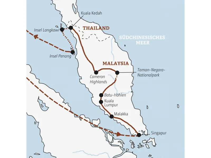 Ihre Rundreise führt Sie von Singapur nach Malakka, Kuala Lumpur, in den Taman-Negara-Nationalpark, die Cameron Highlands und auf die Inseln Langkawi und Penang.