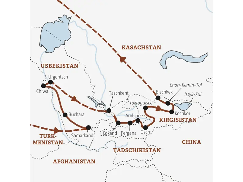 Die Karte zeigtden Verlauf der Entdeckerreise Usbekistan - Kirgisistan: Samarkand, Buchara, Chiwa, Urgentsch, Taschkent, Kokand, Fergana, Osch, Toktogulsee, Kochkor, Bischkek