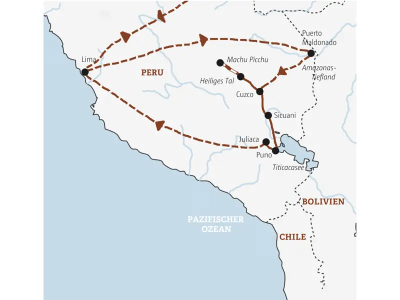 Die Reiseroute der Marco Polo-Reise durch Peru: von Lima ins Amazonas-Tiefland, dann nach Cuzco und Machu Picchu und weiter zum Titicacasee.