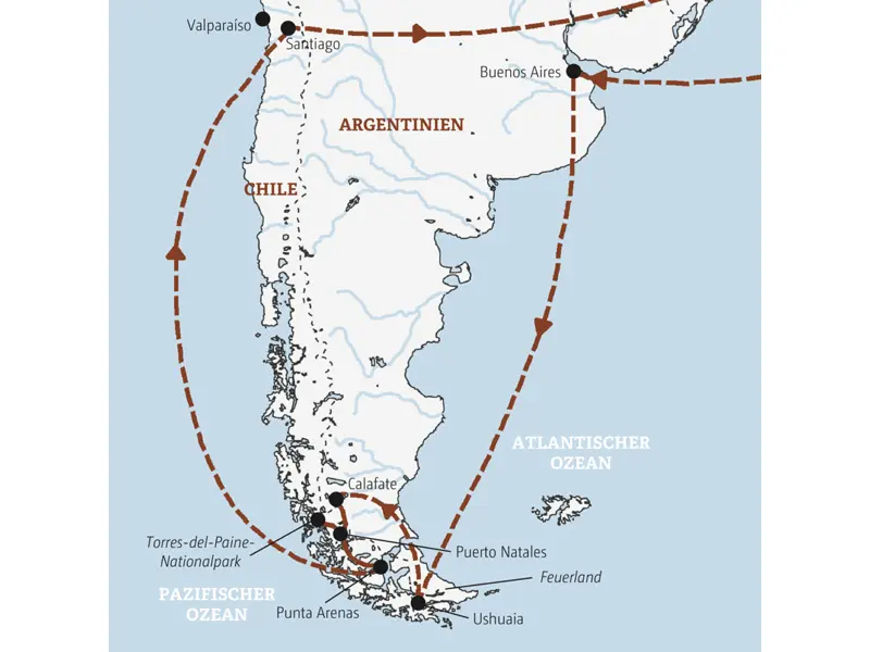 Unsere Reise führt Sie von Buenos Aires nach Ushuaia, weiter über Calafate und Punta Arenas in den Nationalpark Torres del Paine sowie zum Abschluss nach Santiago de Chile.