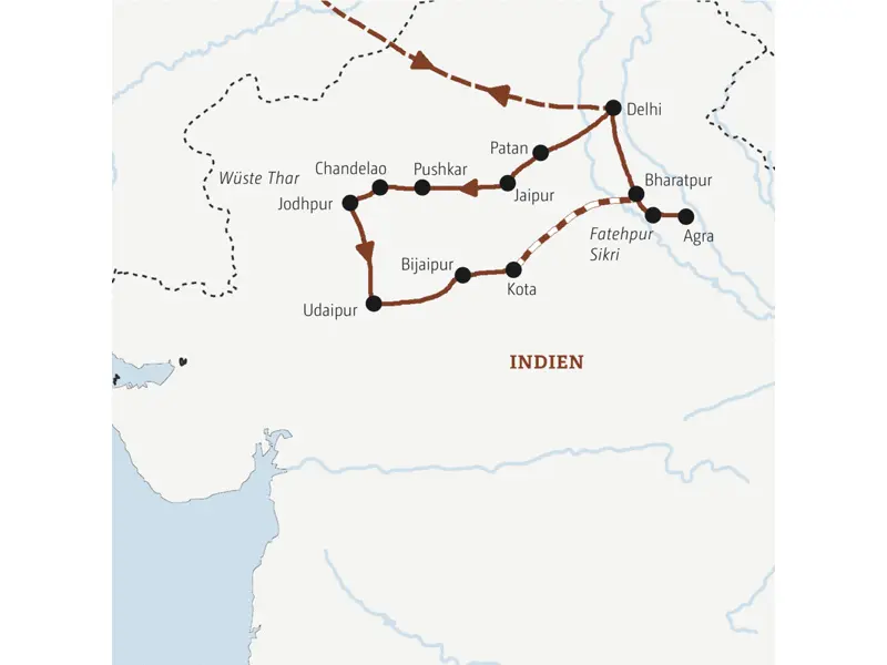 Die Karte zeigt den Verlauf der Rundreise durch Rajasthan in kleiner Gruppe: Delhi, PAtan, Jaipur, Pushkar, Chandelao, Jodhpur, Udaipur, Bijaipur, Kota, Fatehpur Sikri, Bharatpur, Agra