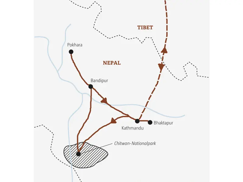 Die Karte zeigt die Route der Minigruppenreise nach Nepal: Kathmandu, Chitwan-Nationalpark, Bandipur, Pokhara, Bhaktapur.