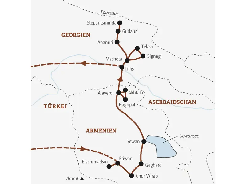 Diese Marco Polo Rundreise durch Armenien und Georgien führt Sie von Eriwan über Sewan und Alaverdi bis nach Stepantsminda und zum Abschluss nach Tiflis.
