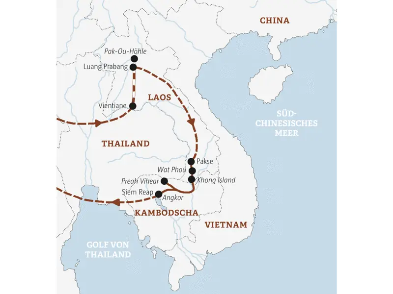 Diese Rundreise in der Mini-Gruppe führt Sie in Laos von Vientiane über Vang Vieng und Luang Prabang nach Khong Island und weiter nach Angkor in Kambodscha.