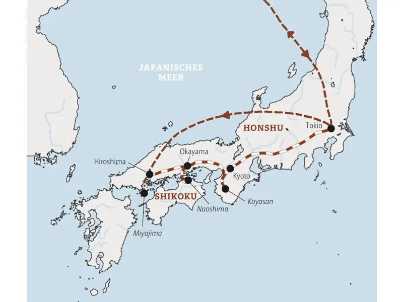 Der Reiseverlauf dieser Japanreise von Hiroshima über Okayama, die Kunstinsel Naoshima und Kyoto bis nach Tokio.