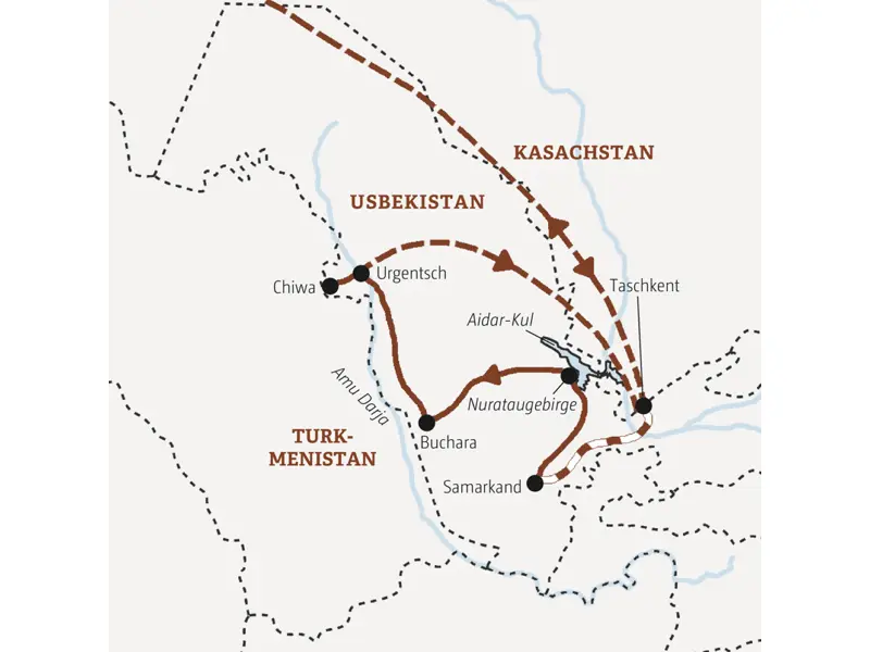 Die Karte zeigt den Verlauf unserer Usbekistan-Rundreise in kleiner Gruppe: Taschkent, Samarkand, Nutataugebirge, Buchara, Chiwa, Urgentsch