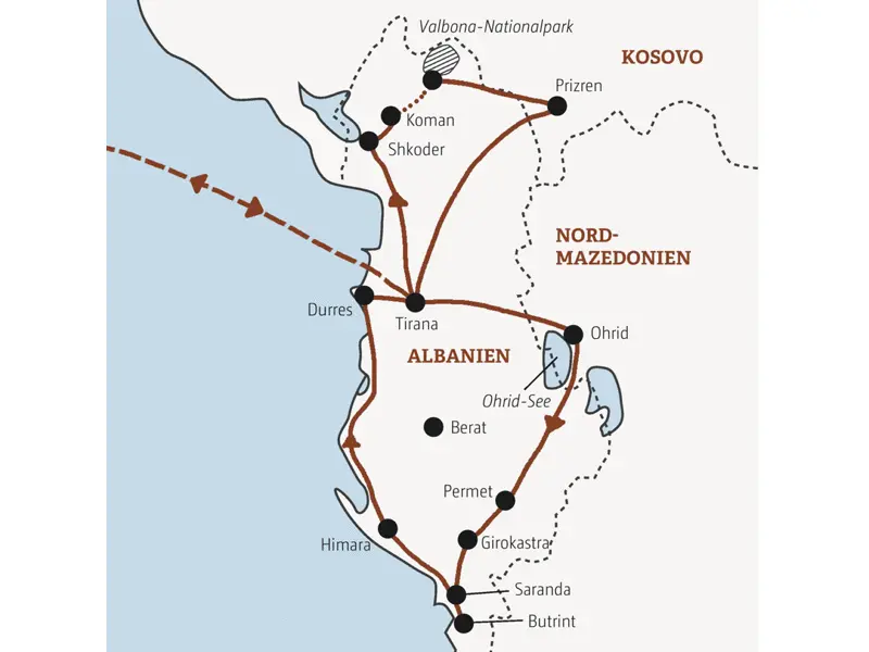 Reisekarte der Marco Polo Reise in kleiner Gruppe nach Albanien.