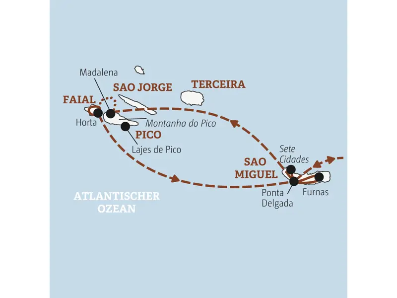 Die Rundreise mit YOUNG LINE über die Azoren führt dich von Sao Miguel nach Sao Jorge, Faial und wiedr zurück nach Sao Miguel.