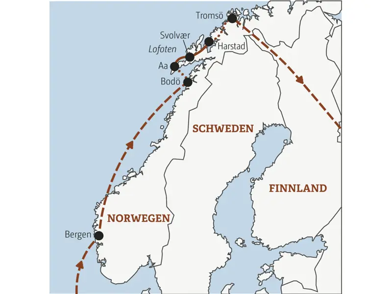 Auf der YOUNG LINE Reise ab 35 Norwegen - Rocks 'n' Roads Richtung Polarkreis - reisen erlebnishungrige Traveller von Bergen über die Lofoten und Vesteraalen bis nach Tromsö.