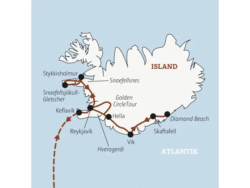 Die Rundreise mit YOUNG LINE über Island führt dich von Keflavik über den Golden Circle nach Vik, weiter nach Skaftafell, Hella und Snaefellsnes.