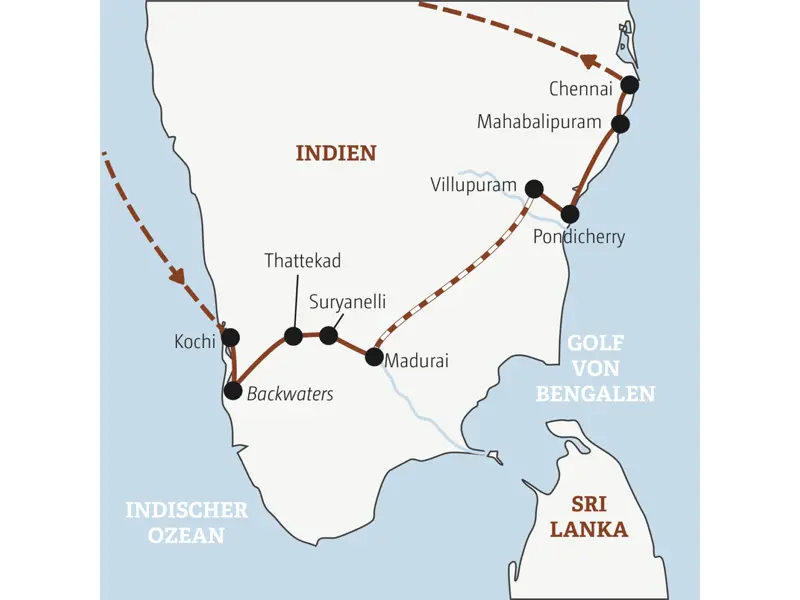 Die Rundreise mit YOUNG LINE durch Indien führt dich von Kochi in die Backwaters, nach Thattekad, Suryanelli, Pondicherry, Mahabalipuram und Chennai.