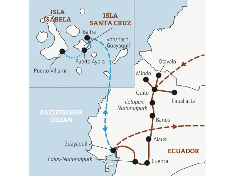 Die Rundreise mit YOUNG LINE durch Ecuador führt dich von Quito nach Mindo, Otavalo, in den Cotopaxi-Nationalpark, nach Banos, Alausi, Cuenca, Guayaquil und auf Wunsch nach Galápagos.