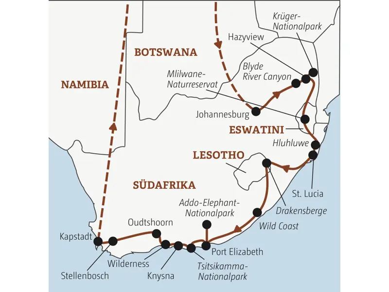 Die Rundreise mit YOUNG LINE durch Südafrika führt dich von Johannesburg in den Krüger-Nationalpark, nach Eswatini, St. Lucia, in die Drakensberge, nach Lesotho, Port Elizabeth, Knysna, Stellenbosch und Kapstadt.