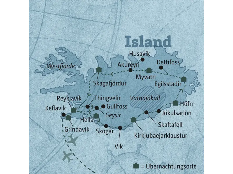Diese Karte zeigt den Verlauf unserer individuellen 10tägigen Mietwagenreise Island: Reykjavik, Golden Circle, Hella, Skogar, Vik, Kirkjubaejarklaustur, Jökulsarlon, Höfn, Egilsstadir, Dettifoss, Myvatn, Akureyri, Skagafjördur, Keflavik.