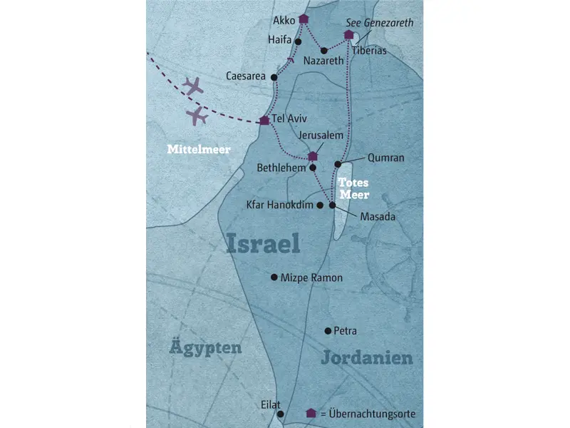 Diese Karte zeigt den Verlauf unserer individuellen Israel-Rundreise: Tel Aviv, Caesarea, Haifa, Akko, Nazareth, Tiberias, Qumran, Masada, Jerusalem