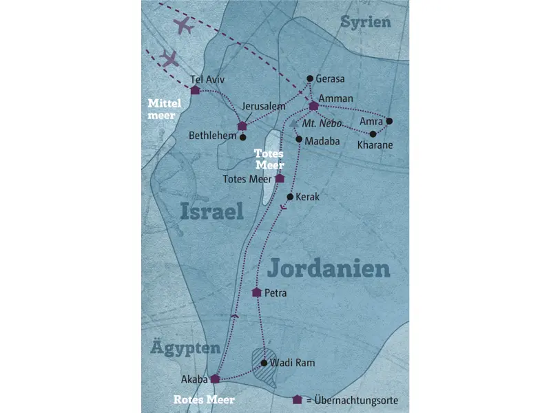 Diese Karte zeigt den Verlauf unserer individuellen Marco Polo Rundreise durch Israel und Jordanien: Tel Aviv, Jerusalem, Betlehem, Gesara, Amman, Madaba, Kerak, Petra, Wadi Ram, Akaba, Totes Meer.