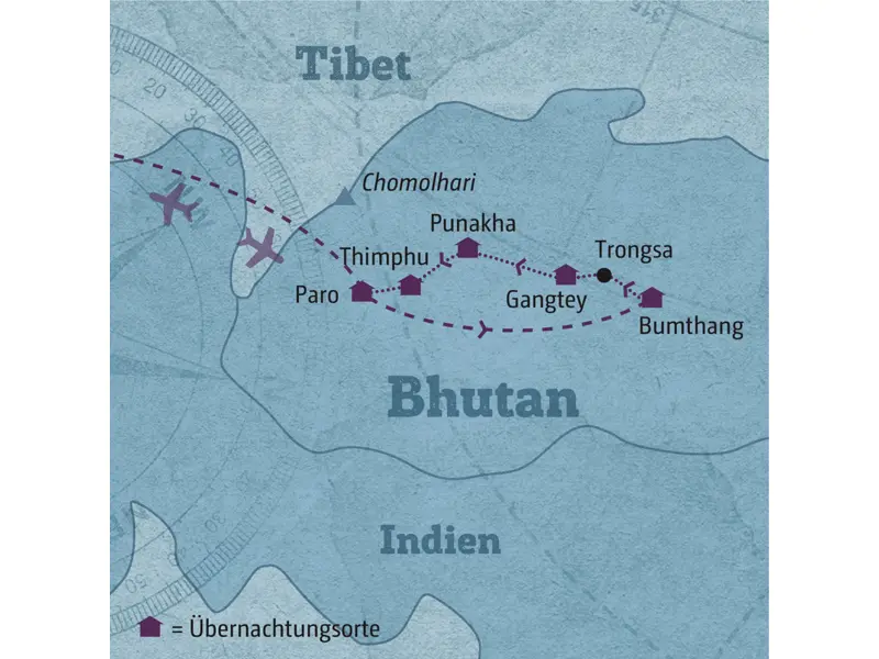 Unsere Reiseroute durch Bhutan führt Sie zunächst nach Bumthang von wo aus Sie dann über Land zurück nach Paro fahren.
