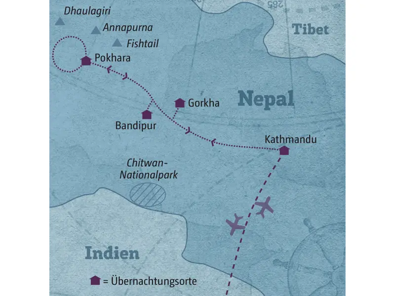 Unsere Reiseroute durch Nepal startet und Kathmandu und führt über Gorkha nach Pokhara zum Trekking. Über Bandipur geht es zurück nach Kathmandu.