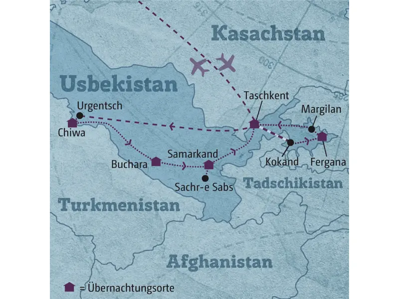 Diese Karte zeigt den Verlauf unserer individuellen Usbekistan-Rundreise: Taschkent, Fergana, Chiwa, Buchara, Samarkand
