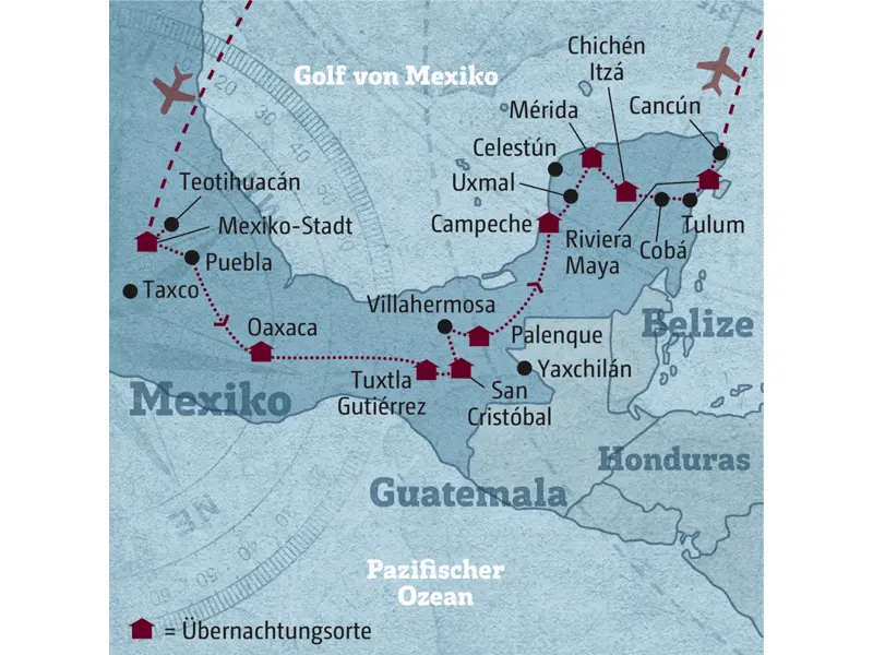 Unsere Reiseroute durch Mexiko startet in Mexiko-Stadt und führt über die Berglandschaft auf die Yucatan-Halbinsel.