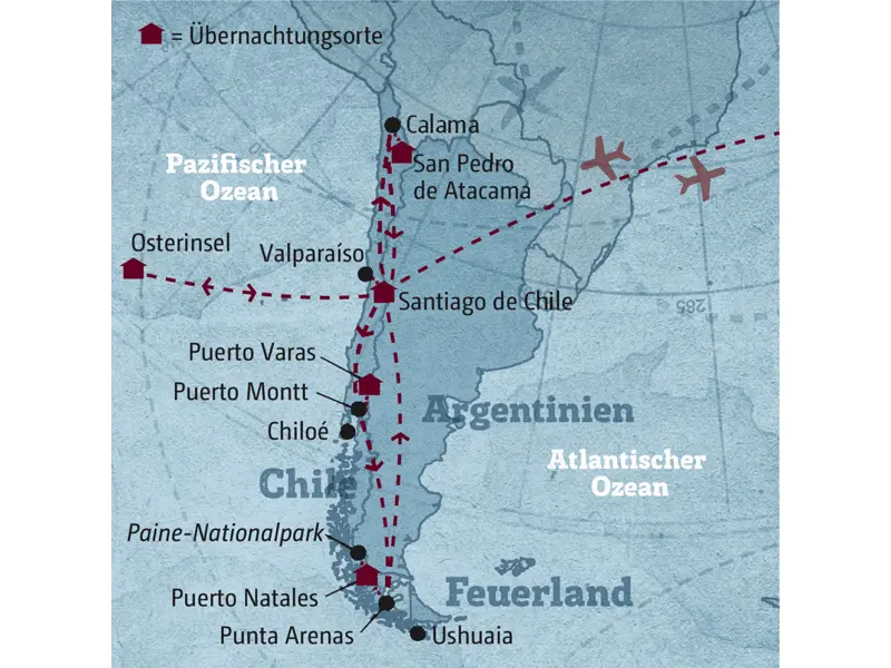 Unsere Reiseroute führt Sie zu den Höhepunkten Chiles: die trockenste Wüste der Welt, die Atacama, mit ihren Salzseen; mach Patagonien in den Torres del Paine Nationalpark mit seiner rauen Landschaft und beeindruckenden Gletschern und in das Seengebiet um Puerto Montt, das von Vulkanen eingerahmt ist.