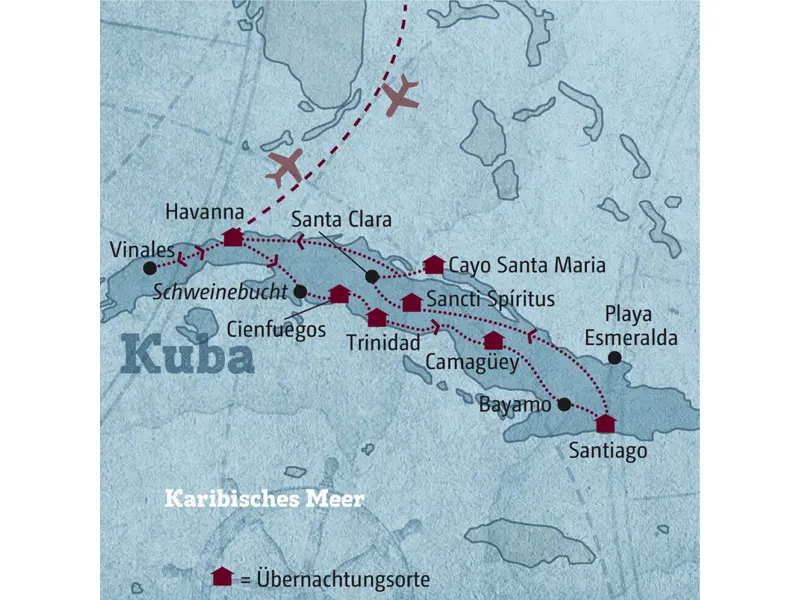 Unsere Reiseroute durch Kuba startet in Havanna und führt Sie bis in den Osten nach Santiago de Cuba. Sie besichtigen unter anderem Vinales, Cienfuegos, Trinidad, Camagüey und Sancti Spiritus.