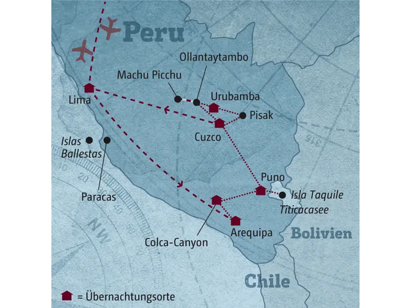 Unsere Reiseroute durch Peru startet in Lima und führt über Arequipa, Puno, Cuzco, Urubamba zurück in die Hauptstadt. Der Besuch von Machu Picchu darf natürlich nicht fehlen!
