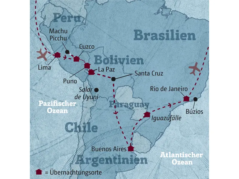 Ihre individuelle Rundreise durch Südamerika führt Sie von Lima über Cuzco nach Puno und La Paz und anschließend über Buenos Aires zu den Iguazúfällen und nach Rio de Janeiro.