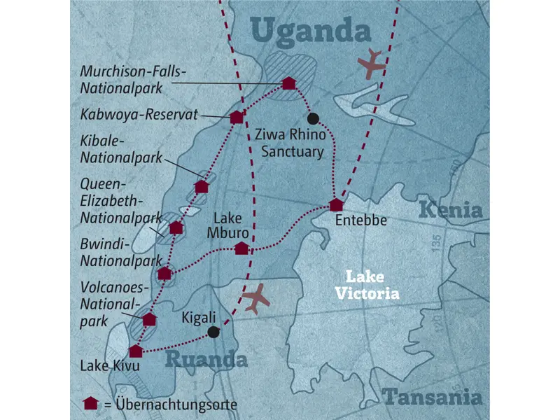 Unsere Reiseroute durch Uganda und Ruanda startet in Entebbe und führt über den Murchison-Falls-Nationalpark, den Kibale-Nationalpark, den Queen-Elizabeth-Nationalpark, und den Bwindi-Nationalpark weiter nach Ruanda.